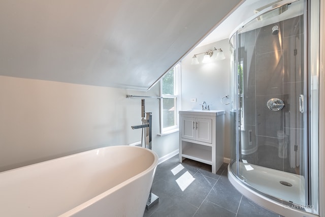 bathroom with lofted ceiling, vanity, plus walk in shower, and tile patterned floors