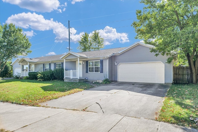 ranch-style house with a front yard, a porch, and a garage