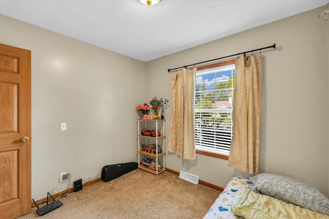 carpeted bedroom with a textured ceiling