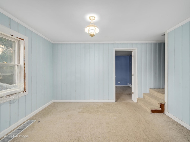 carpeted spare room featuring ornamental molding