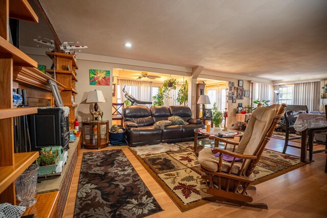 11971 W E Rd, Forreston, IL 61030 - living room featuring wood finished floors, a ceiling fan, and recessed lighting