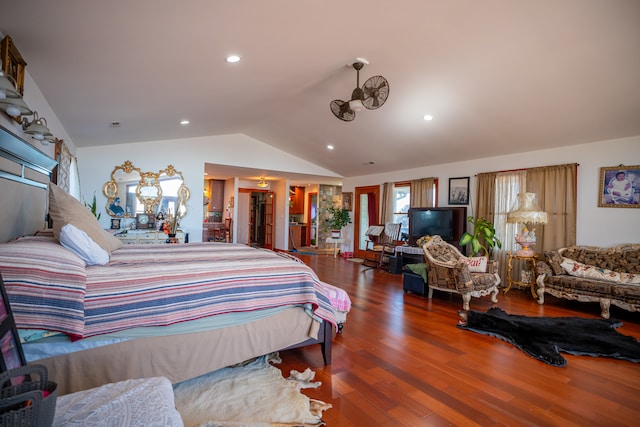 bedroom with lofted ceiling, wood finished floors, and recessed lighting