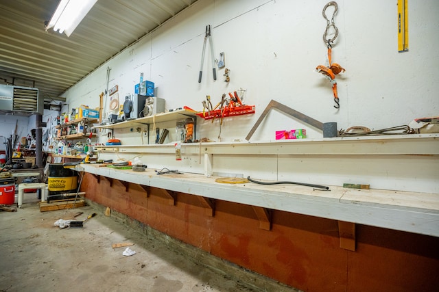 misc room featuring a workshop area and unfinished concrete flooring