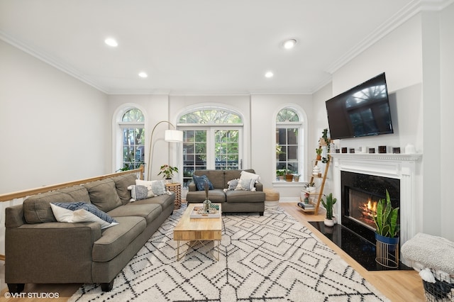 living room with crown molding, light hardwood / wood-style flooring, and a high end fireplace