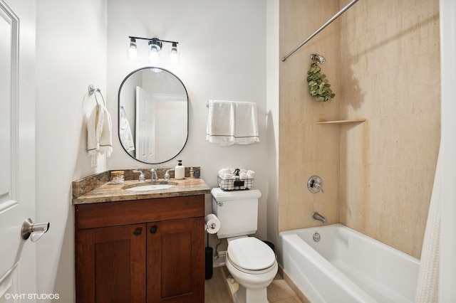 full bathroom featuring vanity, shower / bath combination with curtain, and toilet