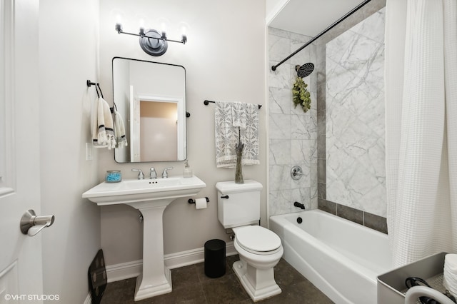 bathroom featuring tile patterned floors, toilet, and shower / bathtub combination with curtain