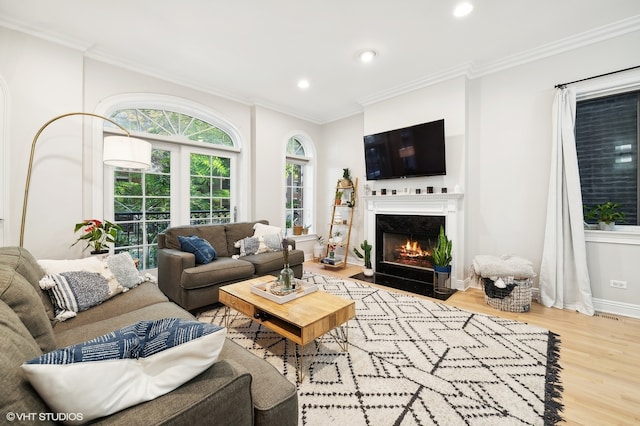 living room with crown molding and hardwood / wood-style flooring