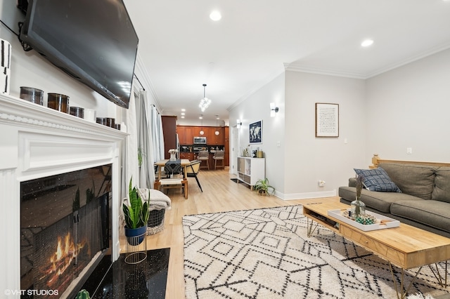 living room with crown molding and light hardwood / wood-style flooring