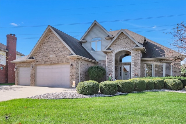 view of front of property featuring a garage and a front lawn