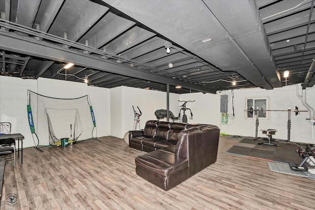 exercise area with electric panel and hardwood / wood-style flooring