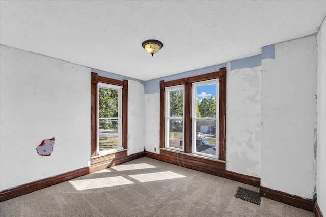 empty room with carpet floors and a textured ceiling