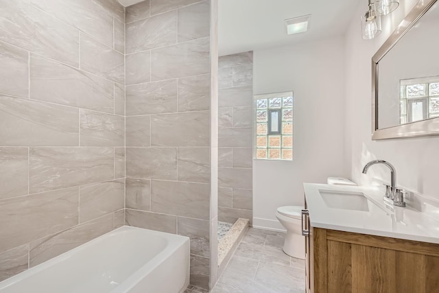 8513 S Maryland Ave, Chicago, IL 60619 - bathroom with vanity, a bathtub, toilet, marble finish floor, and a tile shower