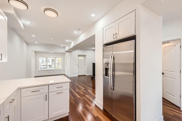 8513 S Maryland Ave, Chicago, IL 60619 - kitchen featuring stainless steel fridge with ice dispenser, dark wood-style floors, and white cabinets