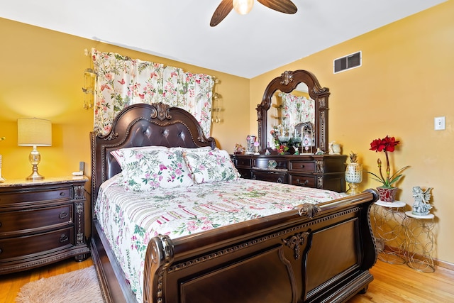 bedroom featuring ceiling fan and light wood-type flooring