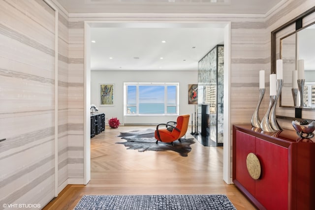 interior space with parquet flooring