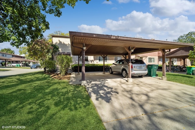 view of parking / parking lot with a carport and a lawn