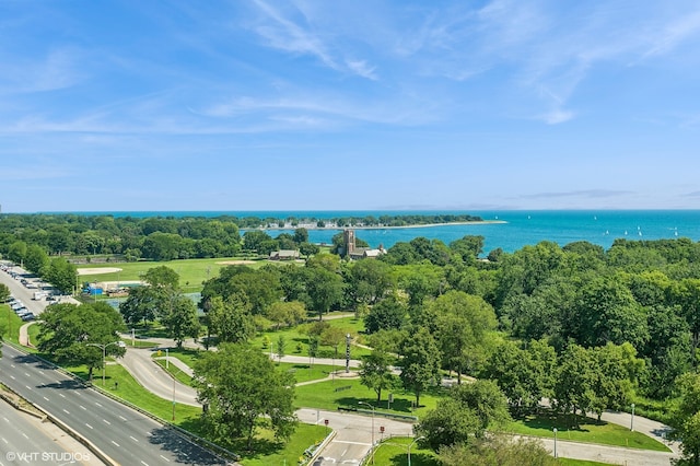 aerial view featuring a water view