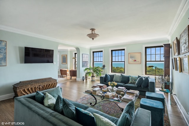 living room featuring a water view, dark hardwood / wood-style floors, and crown molding