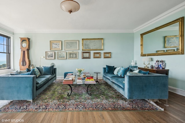 living room with dark wood-type flooring and ornamental molding