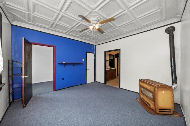 unfurnished bedroom with light carpet, ensuite bathroom, coffered ceiling, and ceiling fan