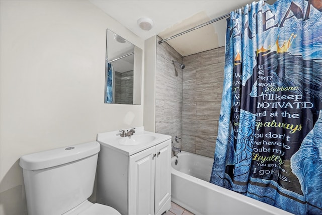 full bathroom with vanity, toilet, shower / tub combo, and tile patterned flooring