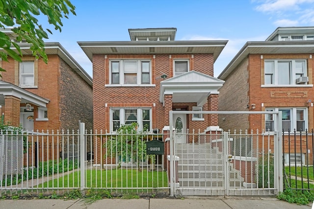 view of front facade featuring cooling unit and a front yard