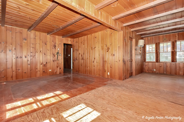 unfurnished room with wooden walls, beam ceiling, and wooden ceiling