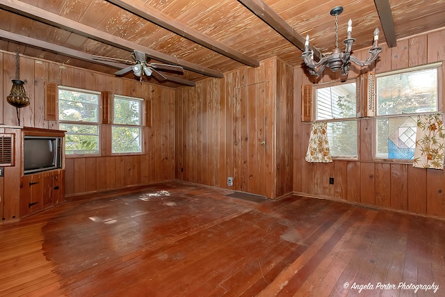 unfurnished living room featuring beamed ceiling, wooden walls, hardwood / wood-style floors, and wood ceiling