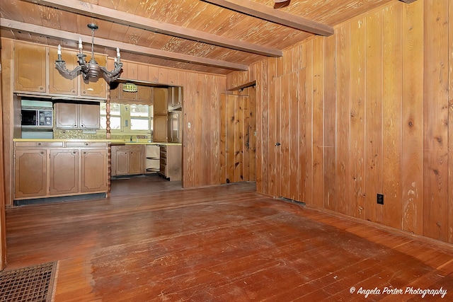 kitchen with beamed ceiling, wood ceiling, decorative light fixtures, wooden walls, and dark hardwood / wood-style floors