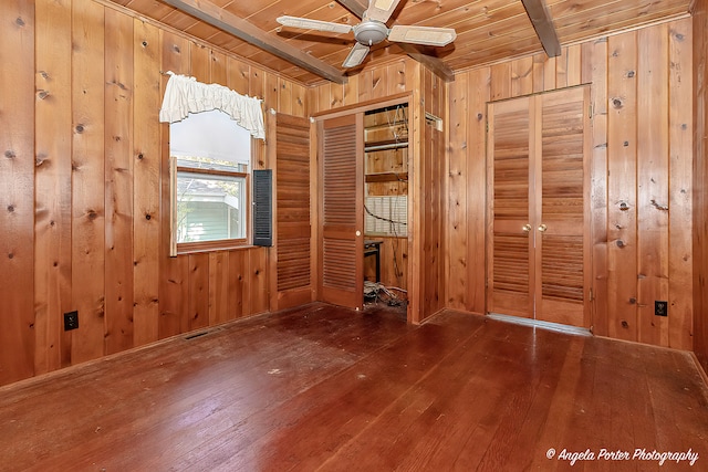 unfurnished bedroom with wood walls, dark hardwood / wood-style floors, and wooden ceiling