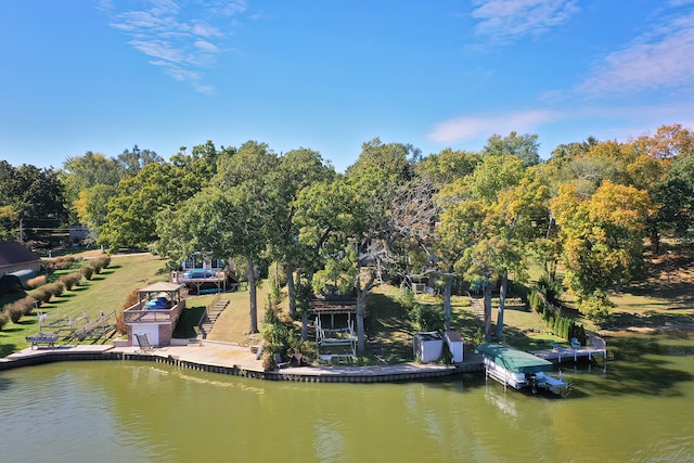 drone / aerial view with a water view