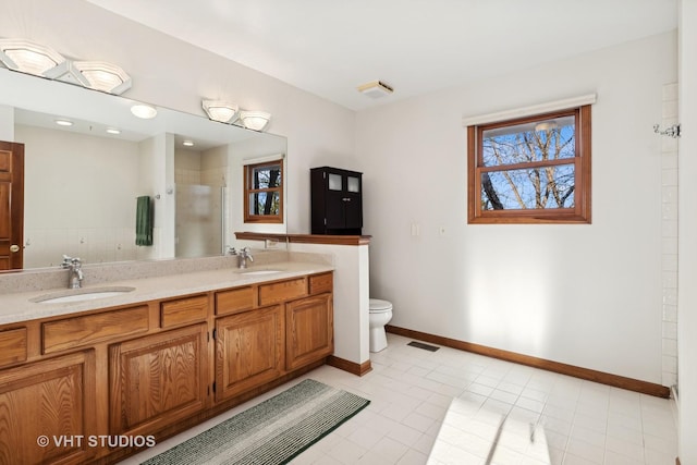 bathroom with toilet, vanity, and walk in shower