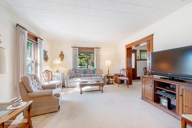 carpeted living room with ornamental molding