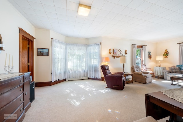 carpeted living room featuring a baseboard radiator and ornamental molding