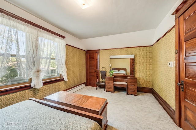 bedroom with baseboard heating, light carpet, wallpapered walls, and baseboards