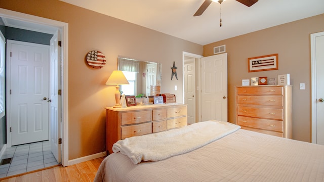 bedroom featuring ceiling fan and light hardwood / wood-style flooring