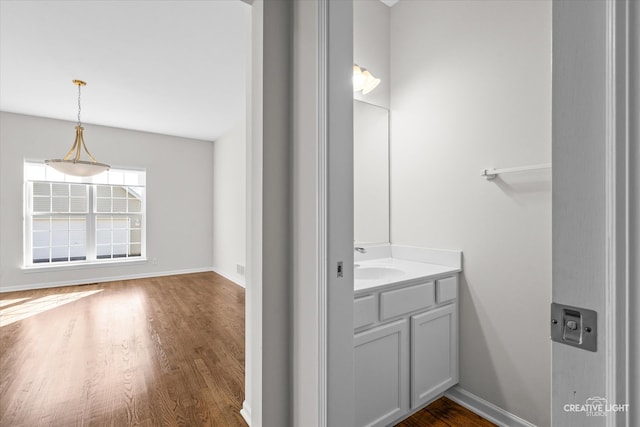 bathroom featuring hardwood / wood-style floors and vanity