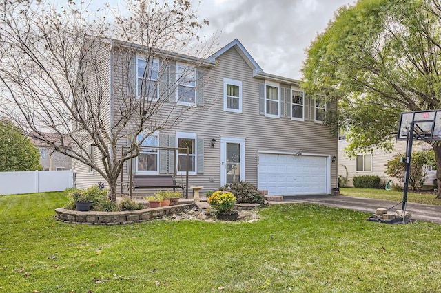 view of front of property featuring a garage and a front lawn