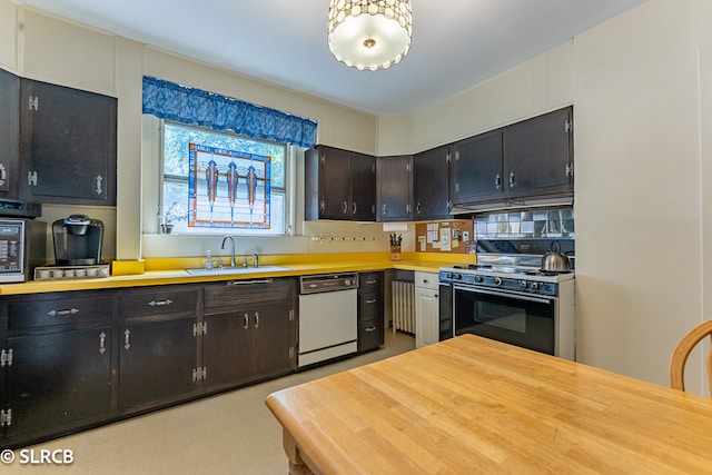 kitchen with white dishwasher, sink, black gas range oven, and tasteful backsplash