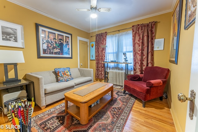 living room featuring light hardwood / wood-style flooring, crown molding, radiator heating unit, and ceiling fan