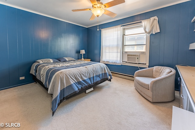 bedroom with ceiling fan, light carpet, ornamental molding, and baseboard heating