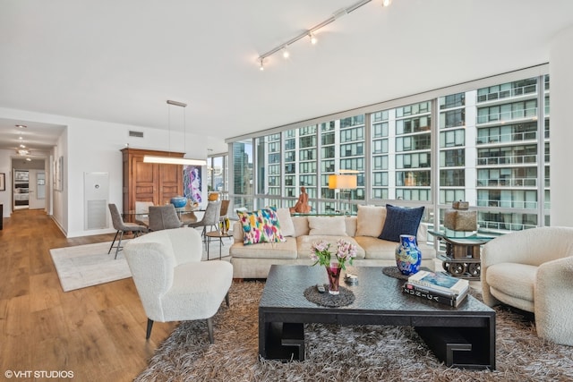 living room with wood-type flooring, floor to ceiling windows, and rail lighting