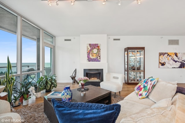 living room featuring track lighting, a water view, and hardwood / wood-style floors