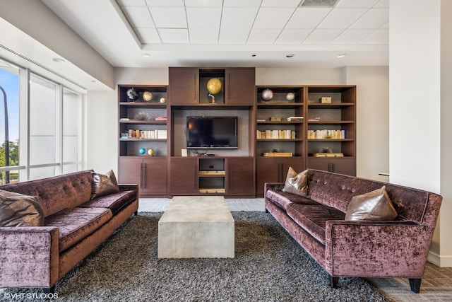 living room featuring dark carpet