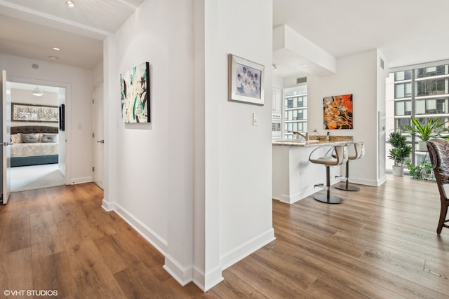 corridor featuring hardwood / wood-style flooring and sink