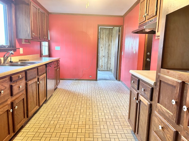 kitchen featuring dishwasher, ornamental molding, and sink