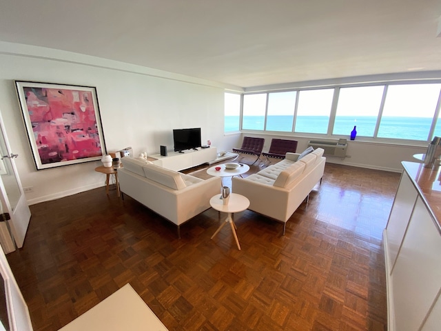 living room with dark parquet flooring and a wealth of natural light