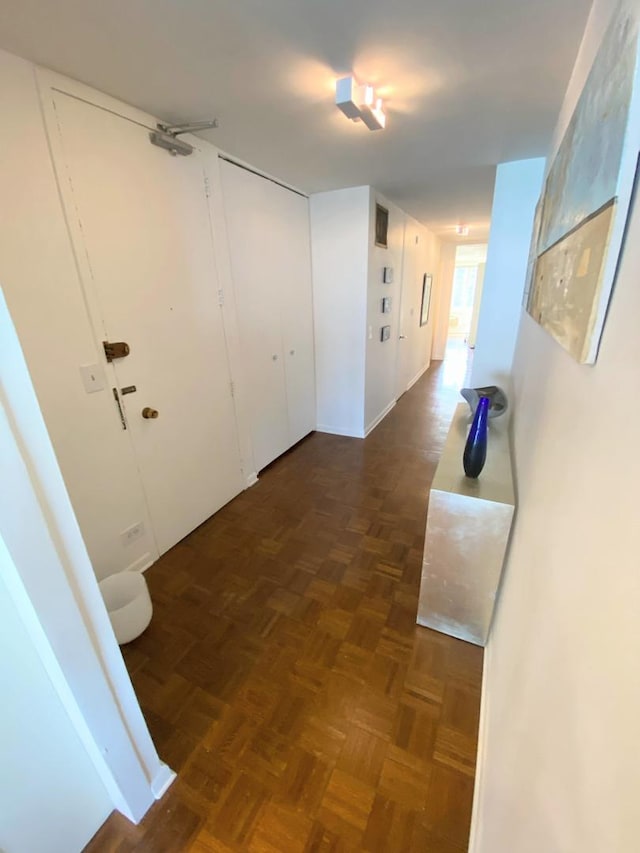 hallway with dark parquet flooring