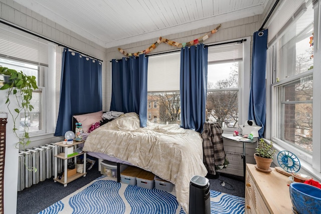 bedroom featuring radiator, multiple windows, and carpet