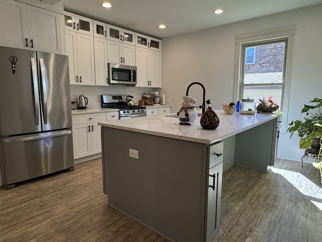 kitchen with dark hardwood / wood-style flooring, light stone countertops, an island with sink, white cabinets, and appliances with stainless steel finishes